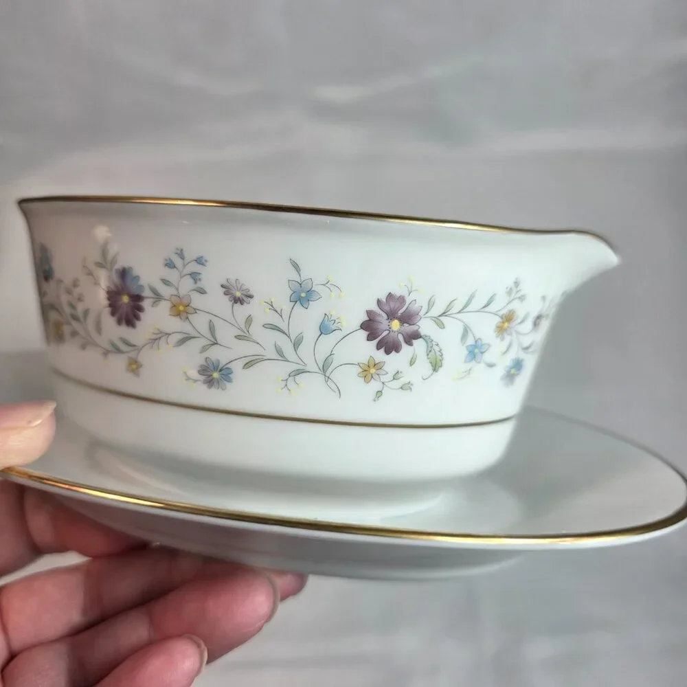Noritake Longwood #2485 Gravy Boat with Underplate Purple, Blue & Yellow Flowers